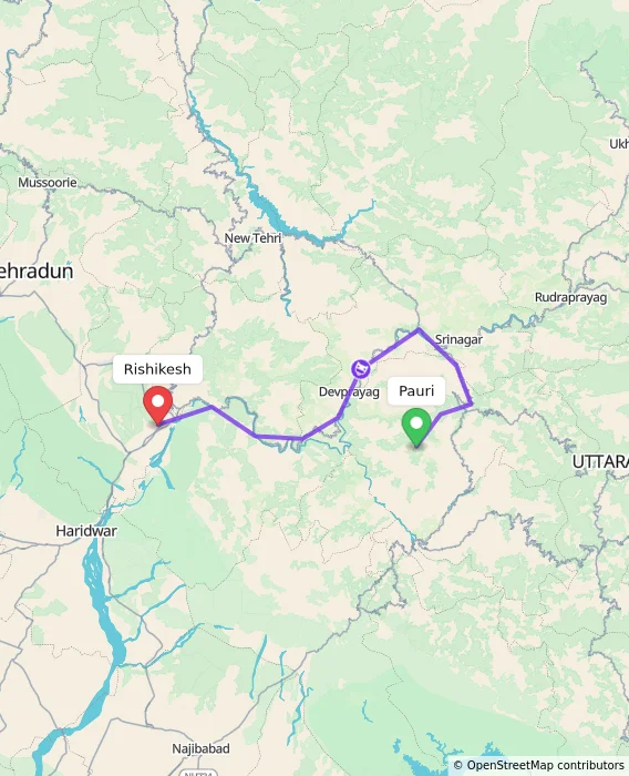 Route map showing distance and travel time from Pauri, India to Rishikesh, India
