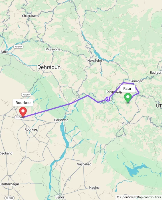 Route map showing distance and travel time from Pauri, India to Roorkee, India