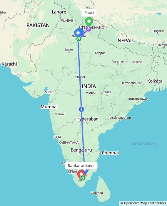Route map showing distance and travel time from Pauri, India to Sankarankovil, India