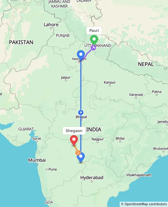 Route map showing distance and travel time from Pauri, India to Shegaon, India