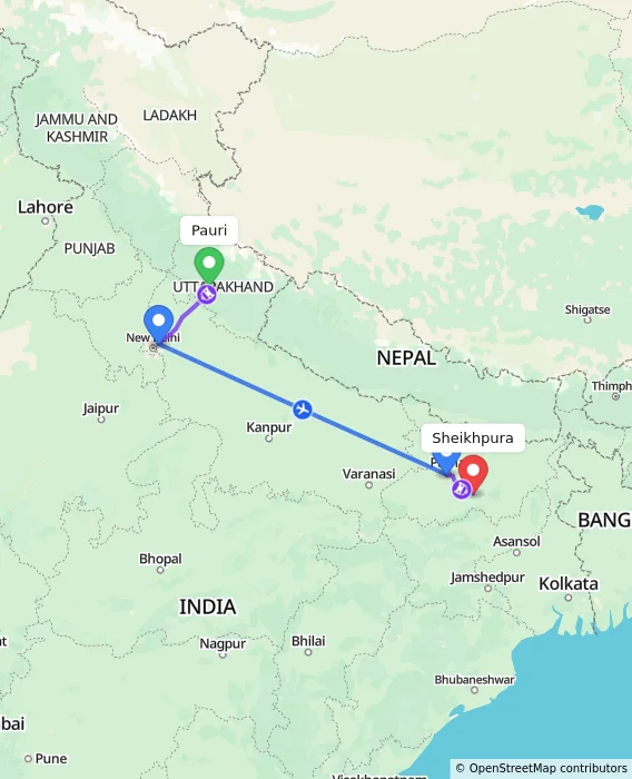 Route map showing distance and travel time from Pauri, India to Sheikhpura, India