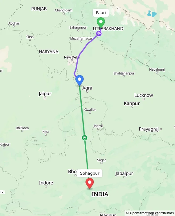 Route map showing distance and travel time from Pauri, India to Sohagpur, India
