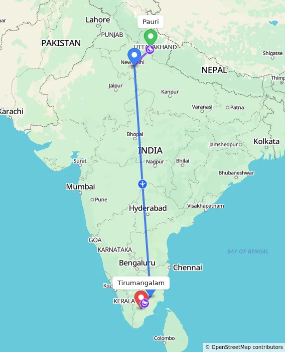 Route map showing distance and travel time from Pauri, India to Tirumangalam, India