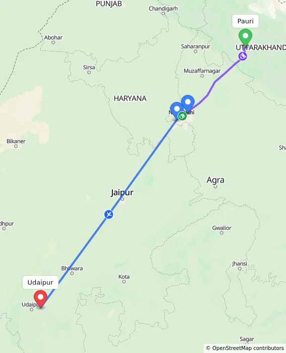 Route map showing distance and travel time from Pauri, India to Udaipur, India