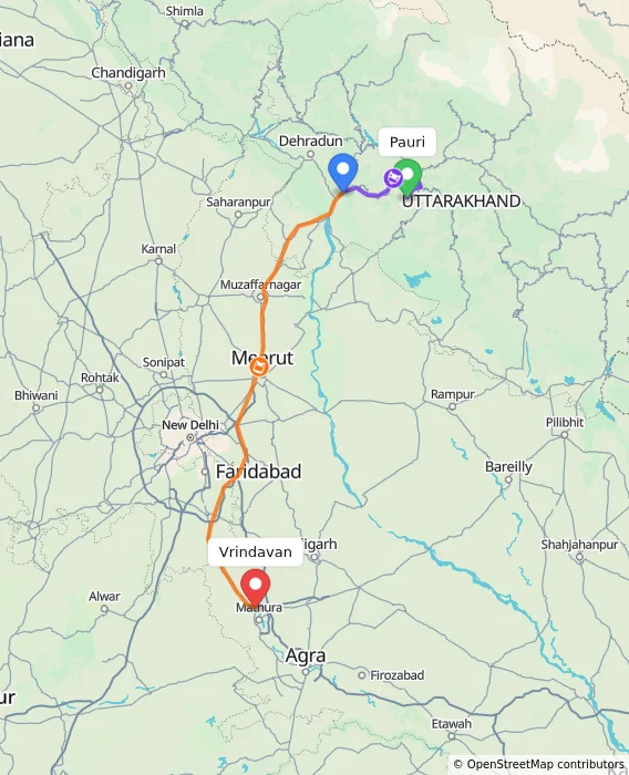 Route map showing distance and travel time from Pauri, India to Vrindavan, India