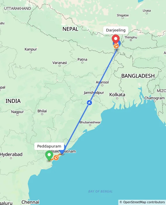 Route map showing distance and travel time from Peddapuram, India to Darjeeling, India