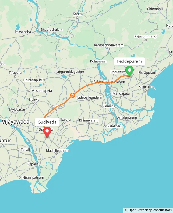 Route map showing distance and travel time from Peddapuram, India to Gudivada, India