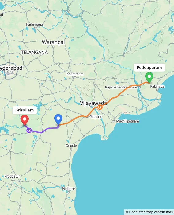 Route map showing distance and travel time from Peddapuram, India to Srisailam, India