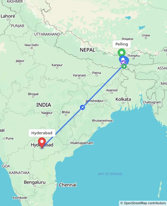 Route map showing distance and travel time from Pelling, India to Hyderabad, India