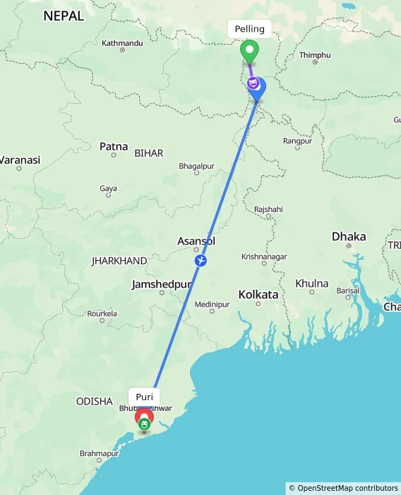 Route map showing distance and travel time from Pelling, India to Puri, India