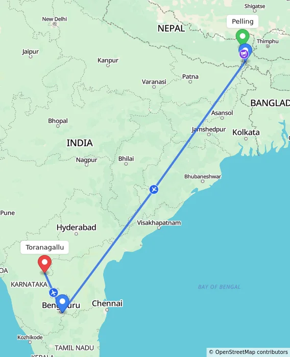 Route map showing distance and travel time from Pelling, India to Toranagallu, India
