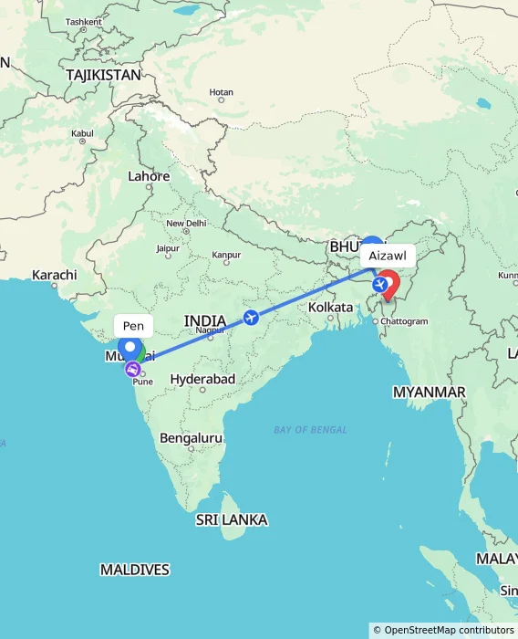 Route map showing distance and travel time from Pen, India to Aizawl, India