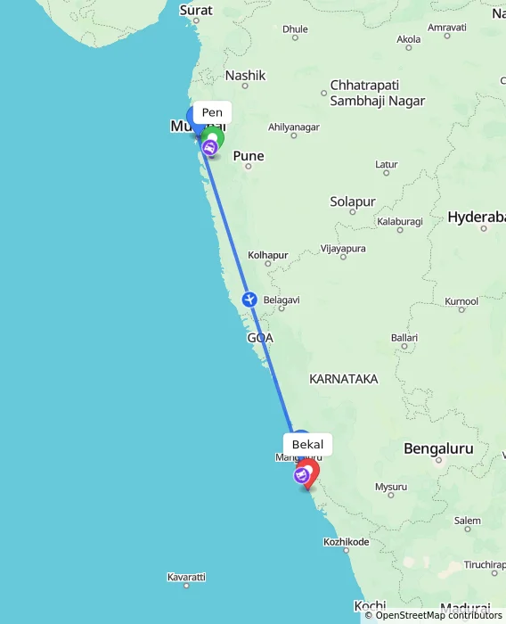 Route map showing distance and travel time from Pen, India to Bekal, India