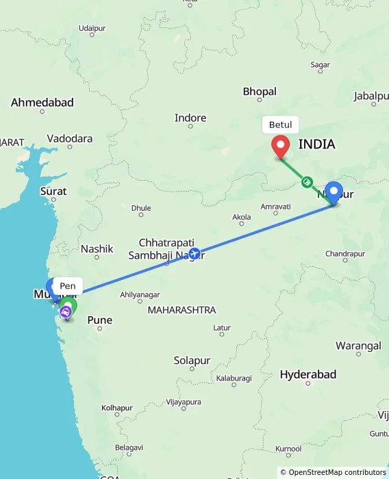 Route map showing distance and travel time from Pen, India to Betul, India