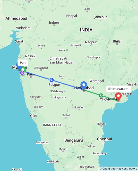 Route map showing distance and travel time from Pen, India to Bhimavaram, India