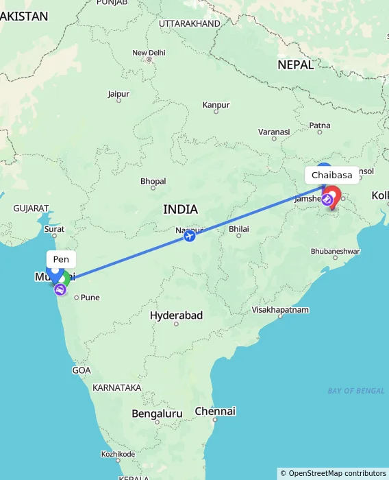 Route map showing distance and travel time from Pen, India to Chaibasa, India