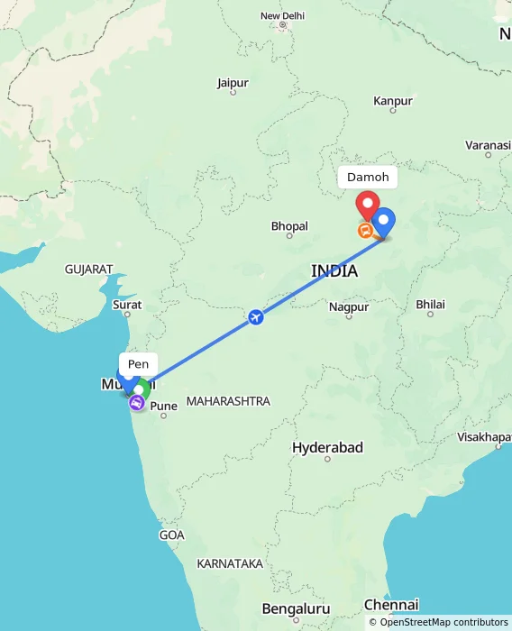 Route map showing distance and travel time from Pen, India to Damoh, India