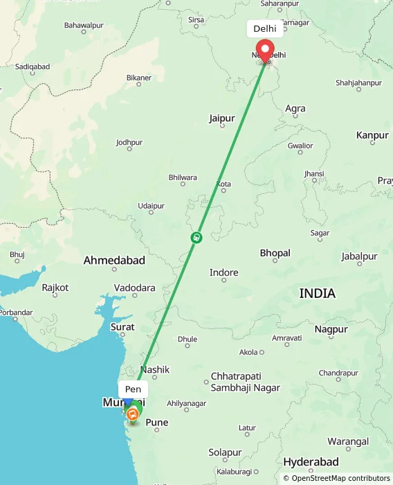 Route map showing distance and travel time from Pen, India to Delhi, India
