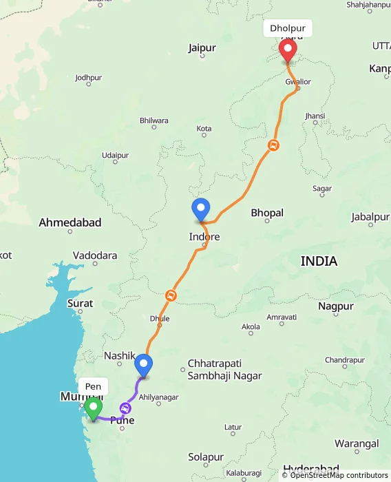 Route map showing distance and travel time from Pen, India to Dholpur, India