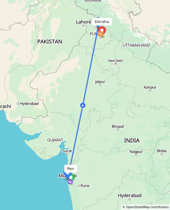 Route map showing distance and travel time from Pen, India to Doraha, India