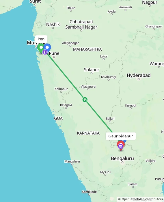 Route map showing distance and travel time from Pen, India to Gauribidanur, India