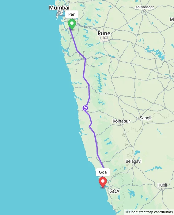 Route map showing distance and travel time from Pen, India to Goa, India