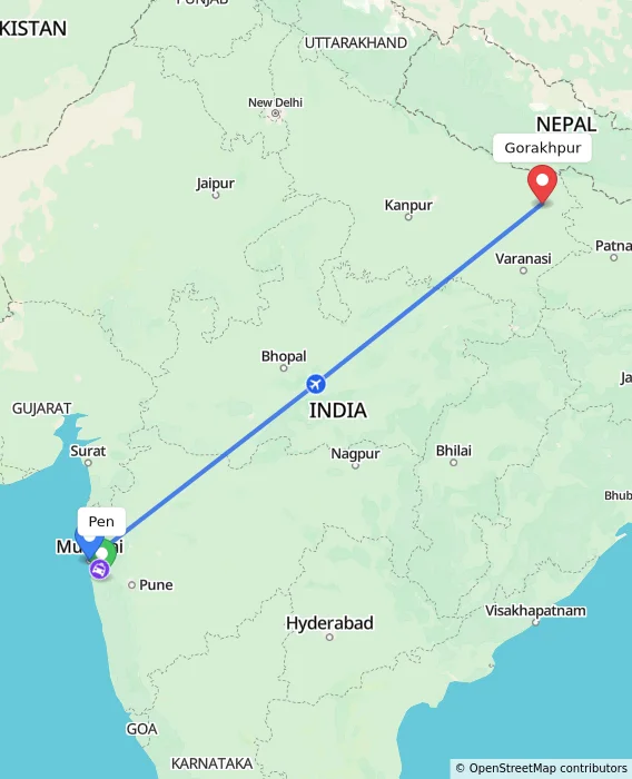 Route map showing distance and travel time from Pen, India to Gorakhpur, India