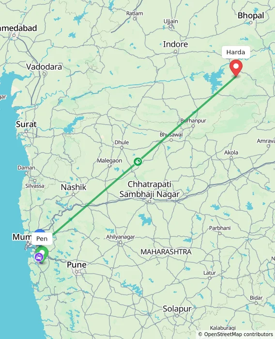 Route map showing distance and travel time from Pen, India to Harda, India