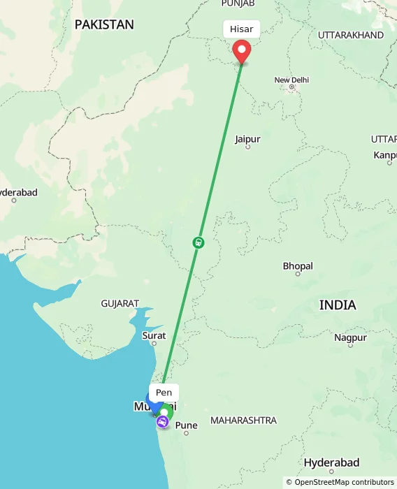Route map showing distance and travel time from Pen, India to Hisar, India