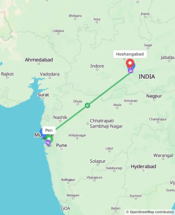 Route map showing distance and travel time from Pen, India to Hoshangabad, India