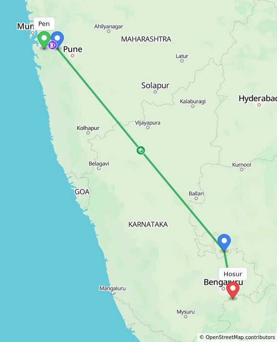 Route map showing distance and travel time from Pen, India to Hosur, India
