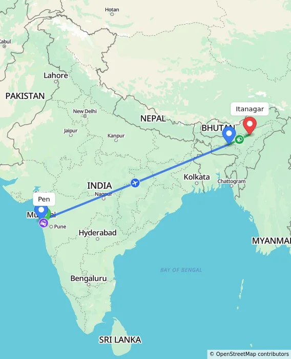 Route map showing distance and travel time from Pen, India to Itanagar, India