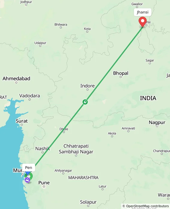 Route map showing distance and travel time from Pen, India to Jhansi, India