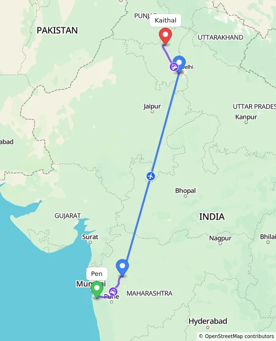 Route map showing distance and travel time from Pen, India to Kaithal, India