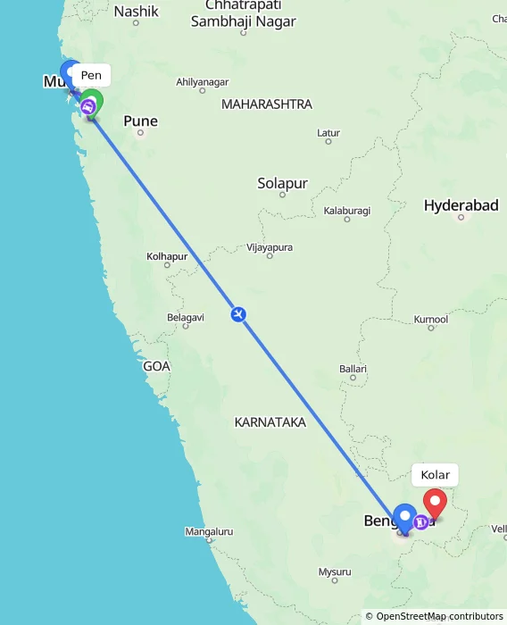 Route map showing distance and travel time from Pen, India to Kolar, India