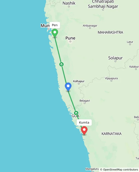 Route map showing distance and travel time from Pen, India to Kumta, India