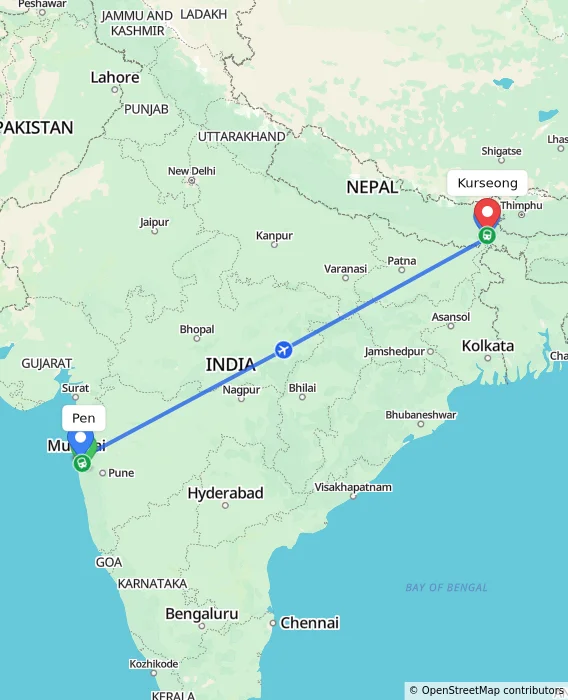 Route map showing distance and travel time from Pen, India to Kurseong, India