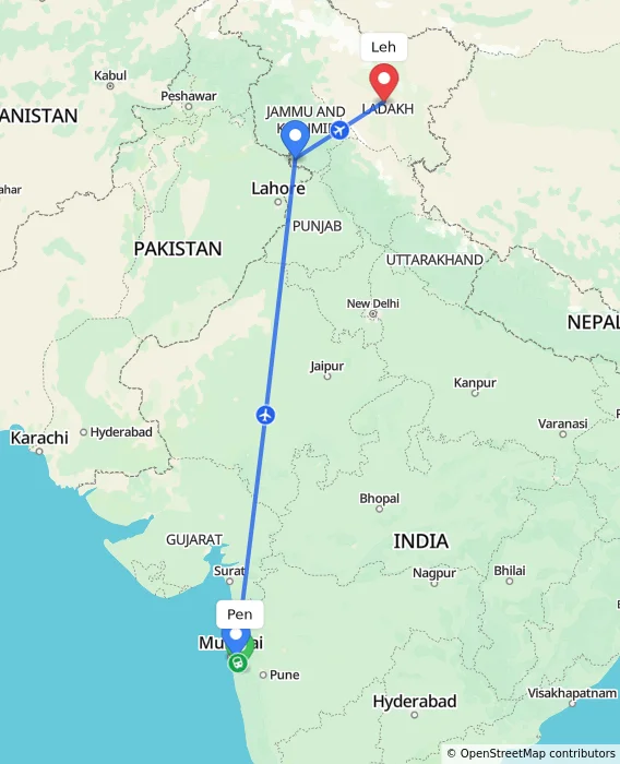 Route map showing distance and travel time from Pen, India to Leh, India
