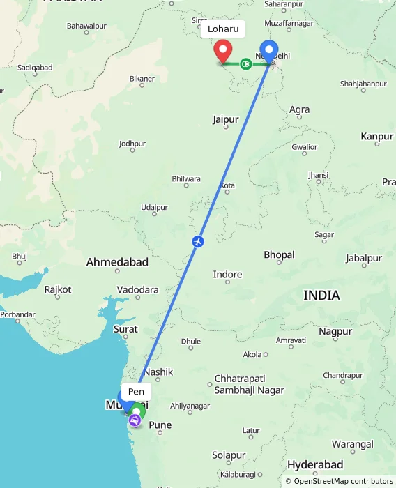 Route map showing distance and travel time from Pen, India to Loharu, India