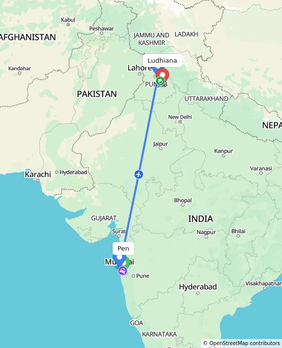 Route map showing distance and travel time from Pen, India to Ludhiana, India