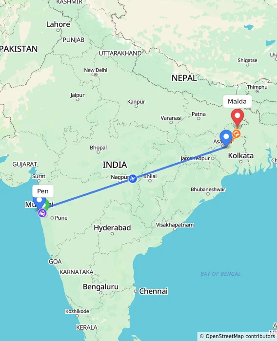 Route map showing distance and travel time from Pen, India to Malda, India