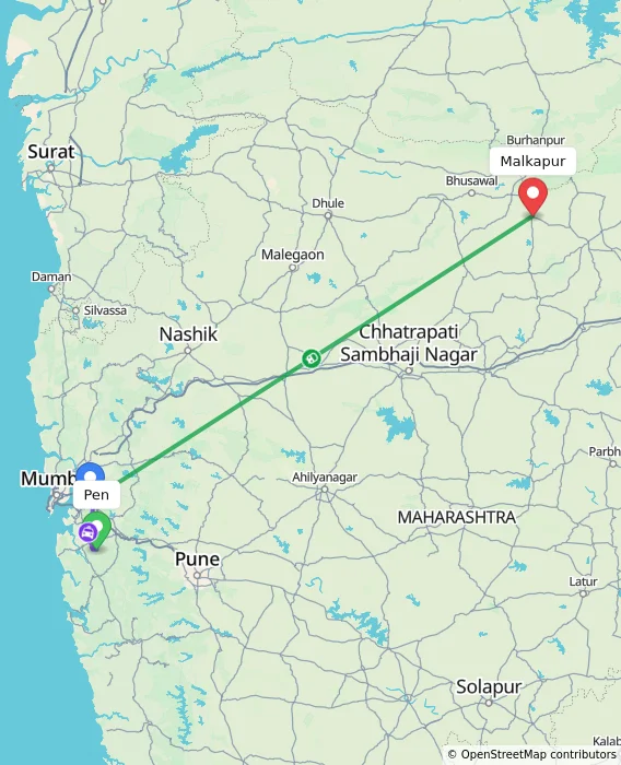 Route map showing distance and travel time from Pen, India to Malkapur, India