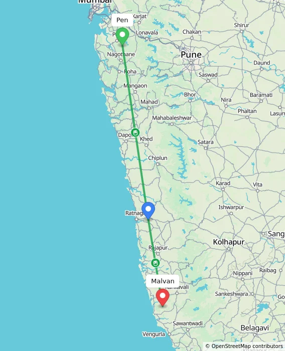 Route map showing distance and travel time from Pen, India to Malvan, India