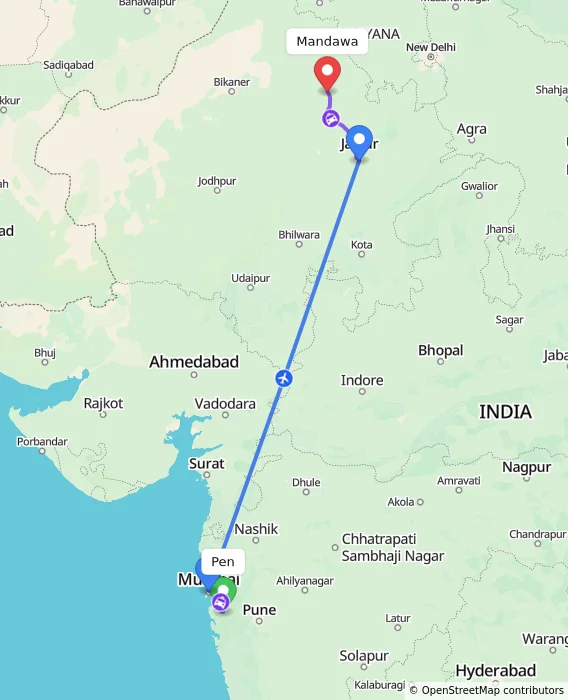 Route map showing distance and travel time from Pen, India to Mandawa, India