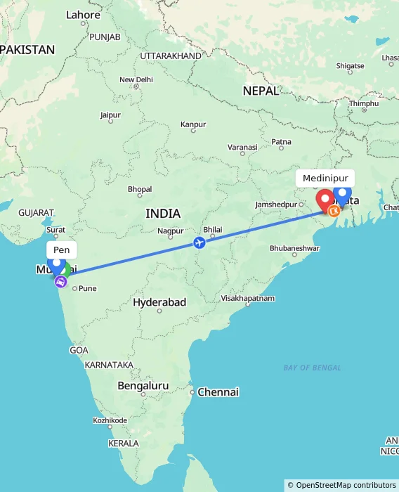Route map showing distance and travel time from Pen, India to Medinipur, India