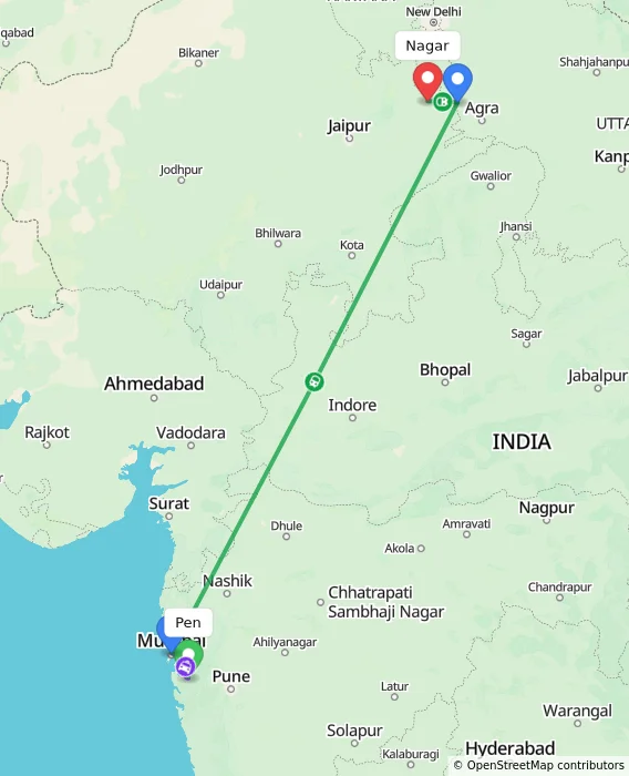 Route map showing distance and travel time from Pen, India to Nagar, India