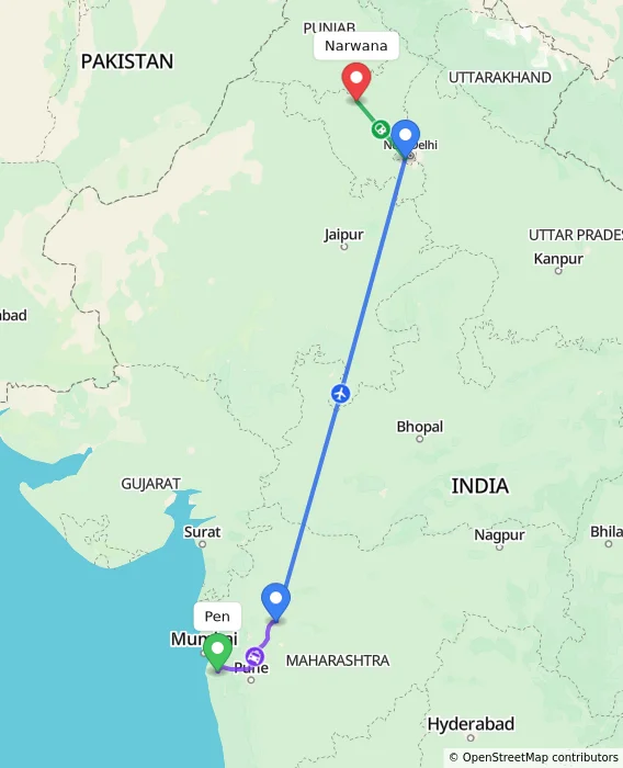 Route map showing distance and travel time from Pen, India to Narwana, India
