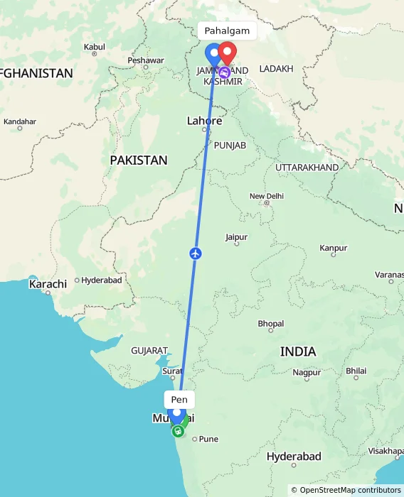 Route map showing distance and travel time from Pen, India to Pahalgam, India