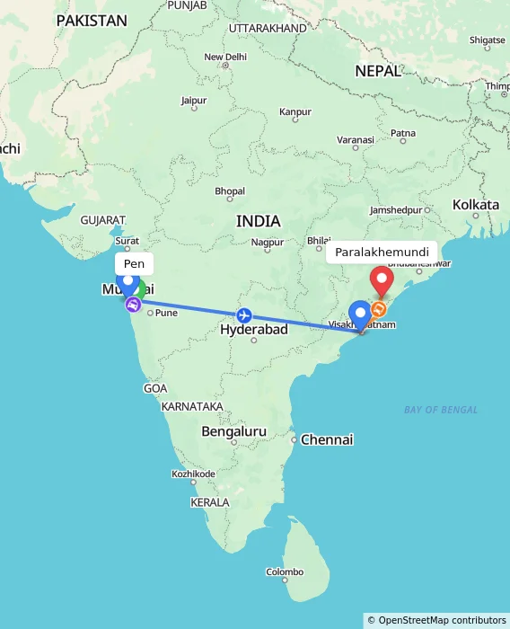 Route map showing distance and travel time from Pen, India to Paralakhemundi, India