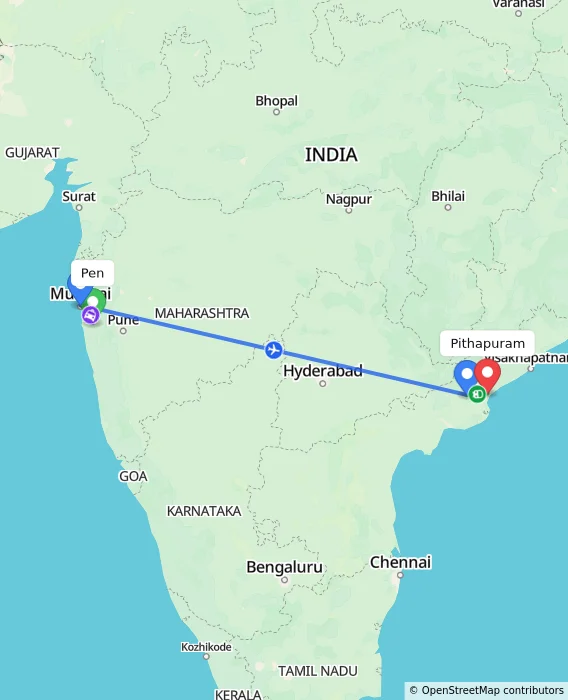 Route map showing distance and travel time from Pen, India to Pithapuram, India